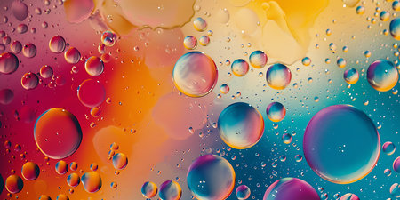 colorful abstract background with oil bubbles on water surface, close upの素材