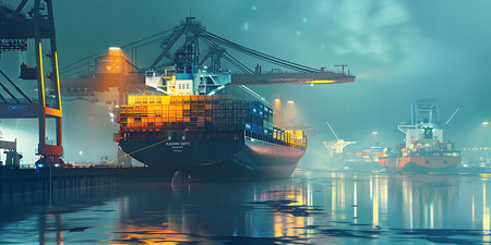 Cargo ship in the port at night. 3D rendering.の素材
