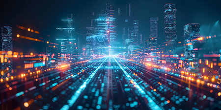3d rendering of futuristic cityscape with glowing lights and digital dataの素材