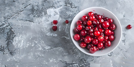 Cranberries in a bowl on a gray concrete background, top view, copy space.の素材