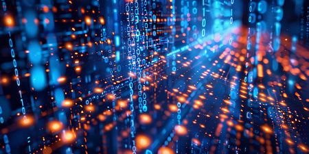 Digital data flow concept. Binary code on blue background. 3d renderingの素材