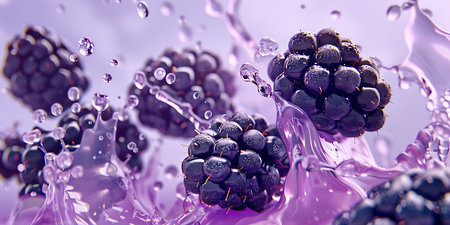Blackberries with splashes of juice. 3d rendering, 3d illustration.の素材