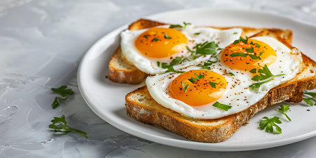Fried eggs on toast with parsley on a light background.の素材