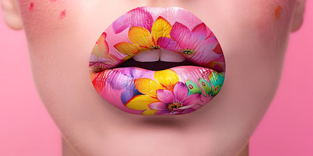 Close up of beautiful female mouth with bright pink lips and flowers on itの素材