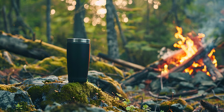 Camping thermos on the rocks in the forest at sunset.の素材