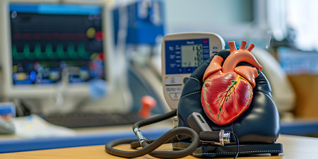 Stethoscope and heart model on a table in a medical officeの素材