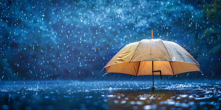 Yellow umbrella in the rain with a blurred background, rainy season conceptの素材