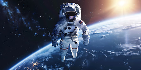 Astronaut spaceman do spacewalk while working for space station. Mixed mediaの素材