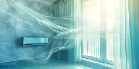 Air conditioner in room with blue curtains and sunlight. 3d renderingの素材