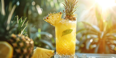 Pineapple cocktail with ice and slices of pineapple on wooden tableの素材