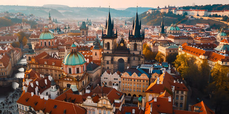 Panoramic view of the old town of Prague, Czech Republicの素材