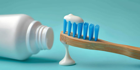 Toothbrush and toothpaste on blue background. 3d illustrationの素材