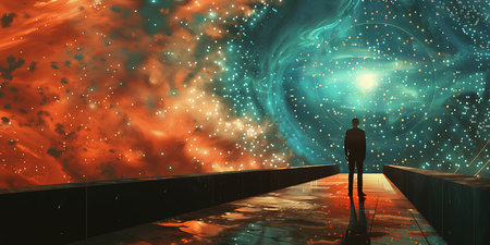 Man standing on the bridge and looking at the universe. 3D renderingの素材