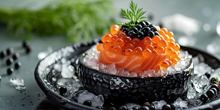 Fresh salmon and black caviar served in a bowl with ice.の素材