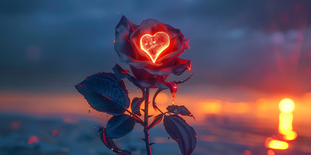 Valentine's day background with red rose and glowing heart.の素材