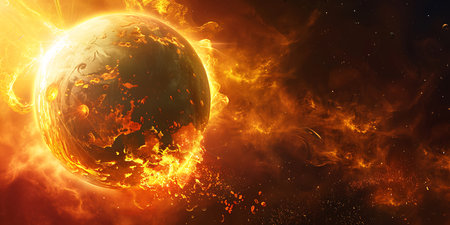 Fiery planet in space with fire and smoke. 3d illustrationの素材