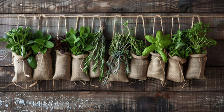 Various fresh herbs in burlap bags on wooden background, top viewの素材
