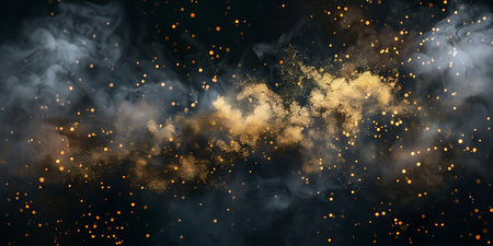 Abstract background of gold glittering particles and smoke. 3d renderingの素材
