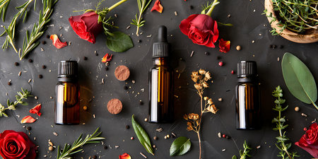 Rose essential oil in a beautiful glass bottle on a black background with rose flowers, herbs and spices.の素材