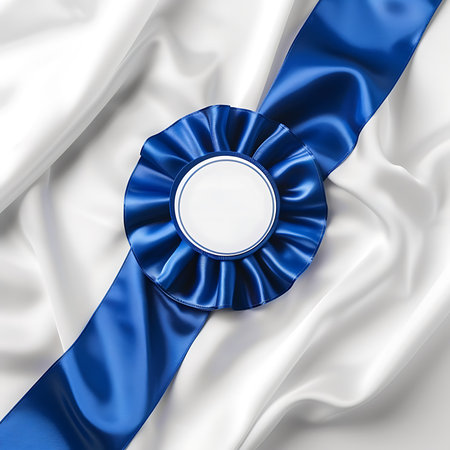 Blue and white satin ribbon with a seal. 3d renderingの素材