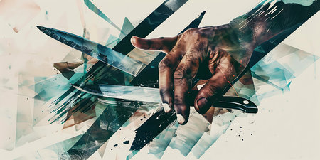 Hands of man with knife over abstract background. 3d renderingの素材