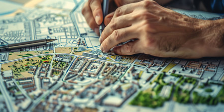 Close-up of a man's hand drawing a city map.の素材