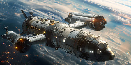 Space ship in space. Science fiction. 3D illustration. Elements of this image furnished by NASAの素材