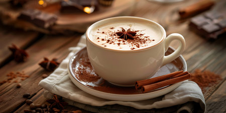 Cappuccino with cinnamon and chocolate on a wooden background.の素材