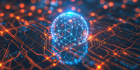 Abstract 3d rendering of artificial intelligence concept. Futuristic cyberspace with polygonal wireframe sphere.の素材