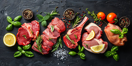 Raw meat with herbs and spices on a black background. Top viewの素材