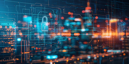 Cyber security concept with glowing digital padlock on blurry night city background. Double exposureの素材
