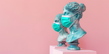 Statue of a lion in a medical mask on a pink background.の素材