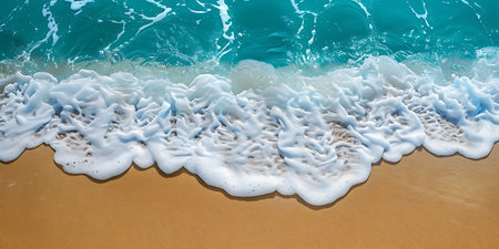 Beautiful sea wave on sandy beach, top view. Summer vacation backgroundの素材
