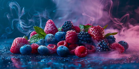Frozen berries on a dark blue background. Berries in smoke.の素材