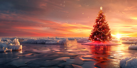 Christmas tree on the ice of the lake at sunset. 3d illustrationの素材