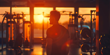 Silhouette of a young man at the gym. Side viewの素材