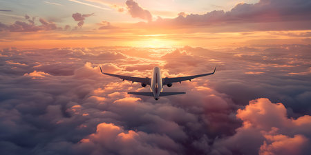 Airplane flying above the clouds at sunset. 3d render illustrationの素材