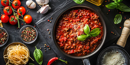 Bolognese sauce in a bowl on a black stone background, top viewの素材