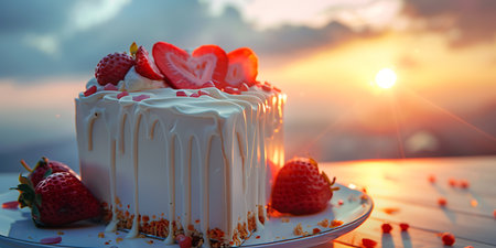 Birthday cake with strawberries and whipped cream on the background of sunsetの素材
