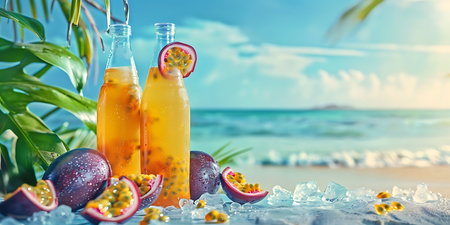 Passion fruit drink with ice cubes and fresh passion fruit on the beachの素材