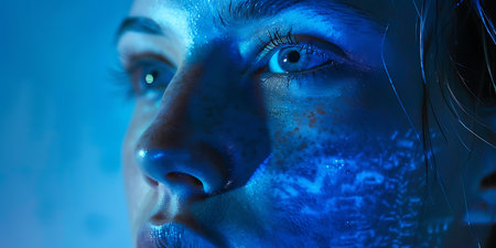 Close-up portrait of a beautiful young woman with blue make-upの素材
