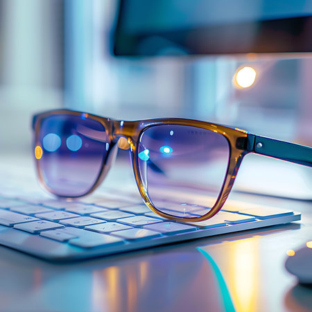 Sunglasses on the keyboard of a laptop. Selective focus.の素材
