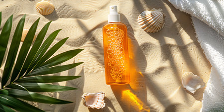 Top view of sunscreen bottle on sand with seashells and palm leafの素材