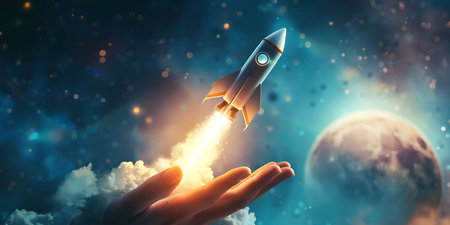 Businessman hand pointing at flying rocket in space. 3D renderingの素材