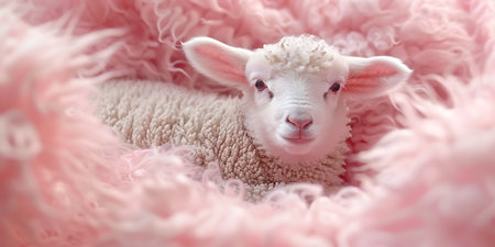 Cute little lamb lying on soft pink woolen blanket, closeupの素材