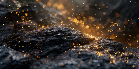 3d rendering of black lava flow with glowing particles. Abstract backgroundの素材