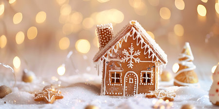 Gingerbread house in the snow on a bokeh backgroundの素材