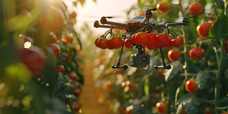 Drone spraying pesticide on ripe red tomatoes in greenhouse. 3d illustrationの素材