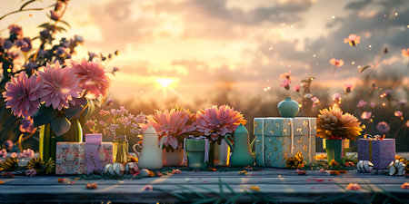Gift boxes with flowers on the table in the garden at sunsetの素材