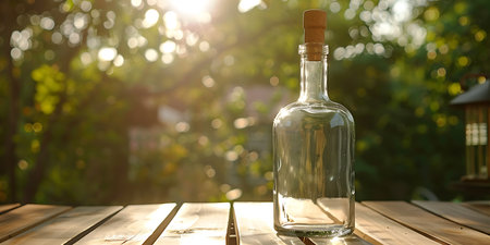 Bottle of vodka on a wooden table in the garden with sunlightの素材